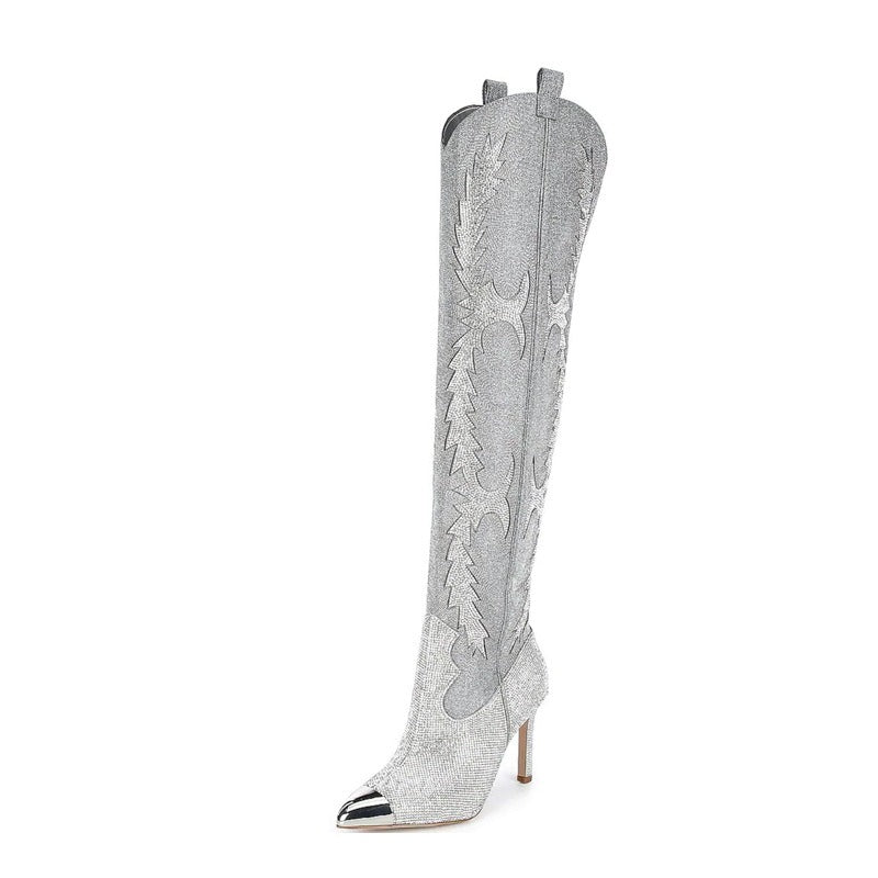 New Crystal Shoes Woman Pointed Toe Over Knee High Boots Sexy Rhinestone Thin High Heel Boots Ladies Shoes