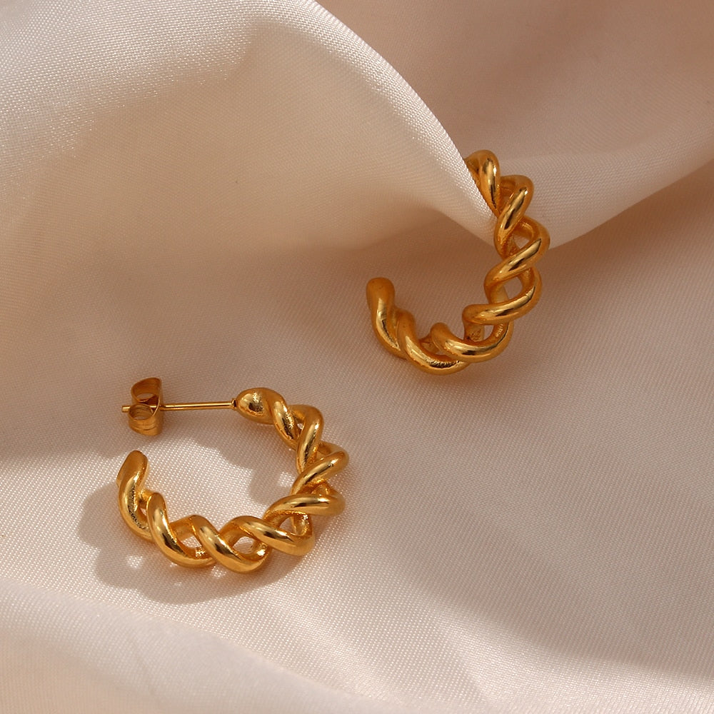 18K Gold Plated Jewelry Tarnish Free Stainless Steel Creative Twisted Hollow Hoop Earrings For Woman