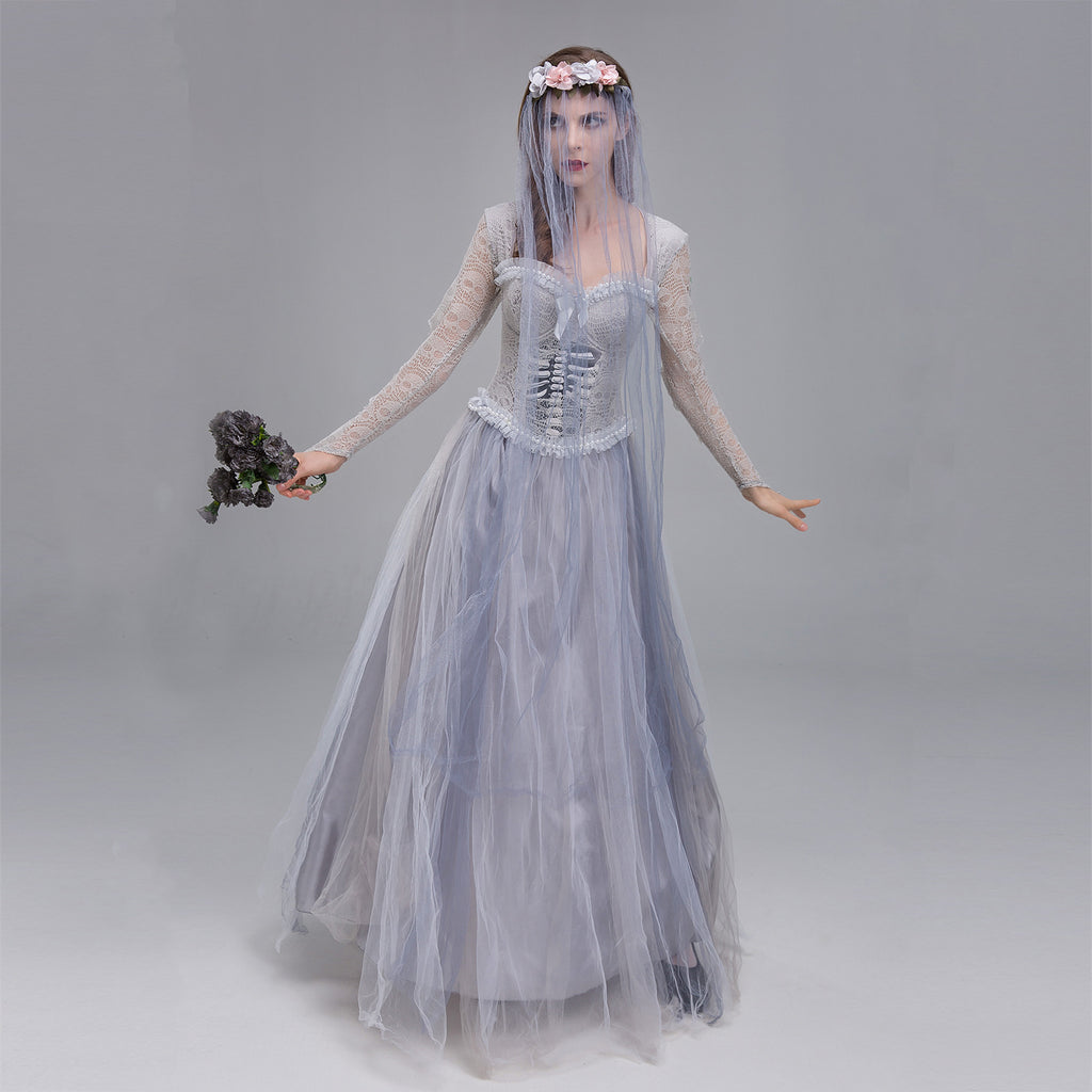 Halloween Costume Ghost Bride Dress Skull Horror Queen Costume Gray Ghost Woman Dress