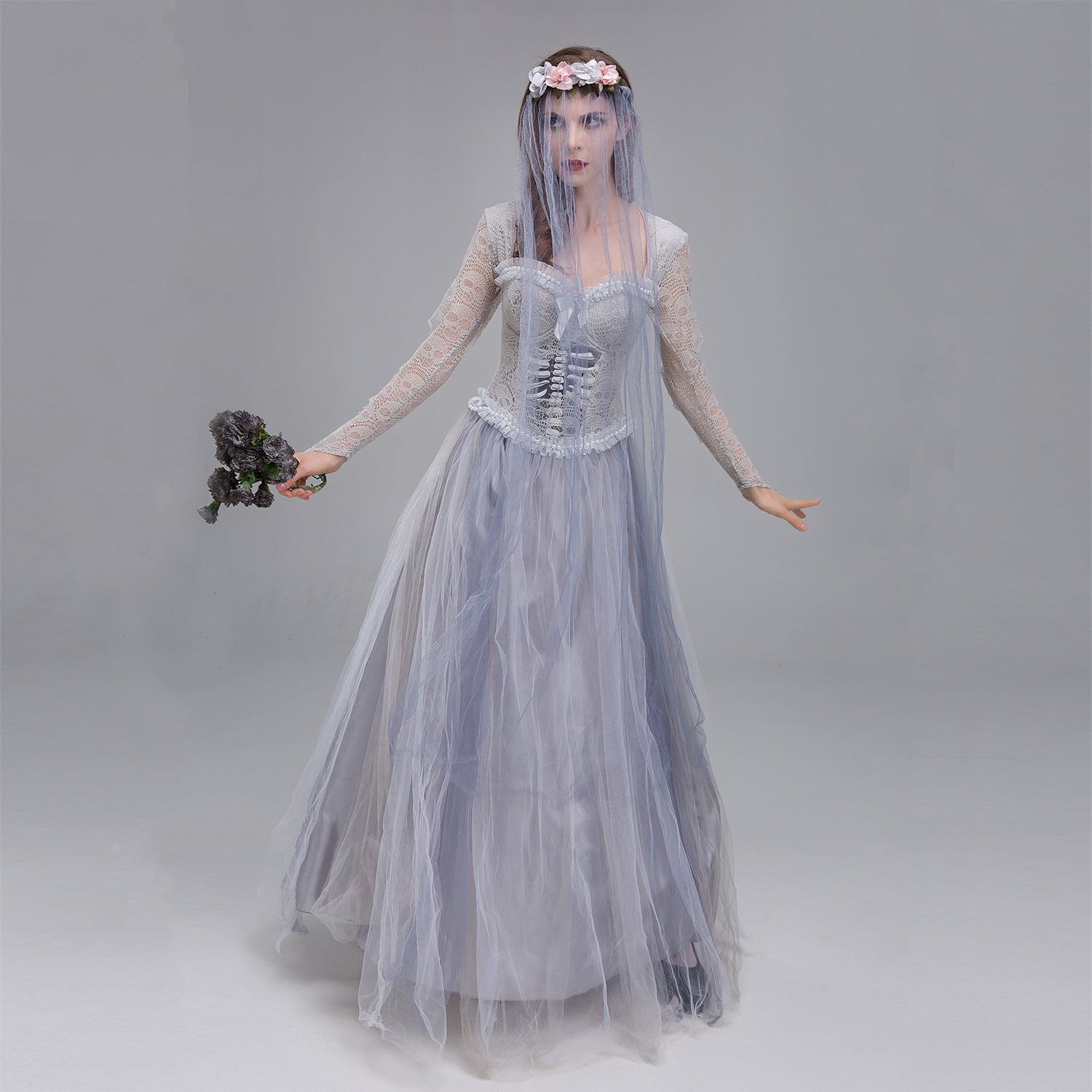 Halloween Costume Ghost Bride Dress Skull Horror Queen Costume Gray Ghost Woman Dress
