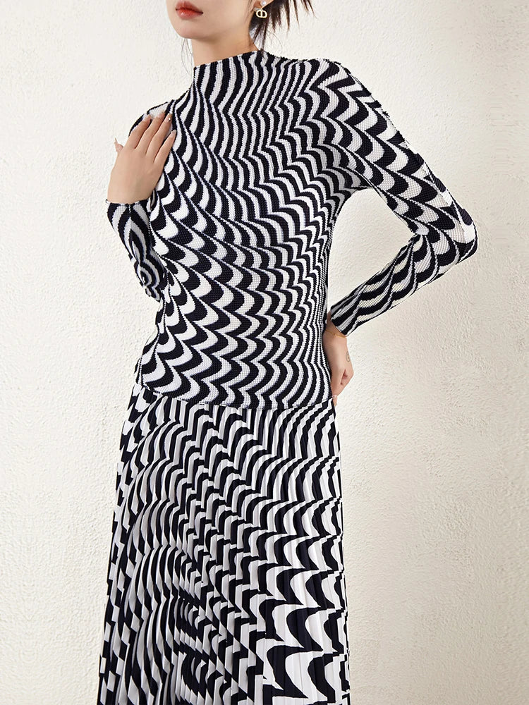 Fashion Print Woman Two Piece Set Pleated Long Sleeve Loose O-neck Office Lady Vintage Style