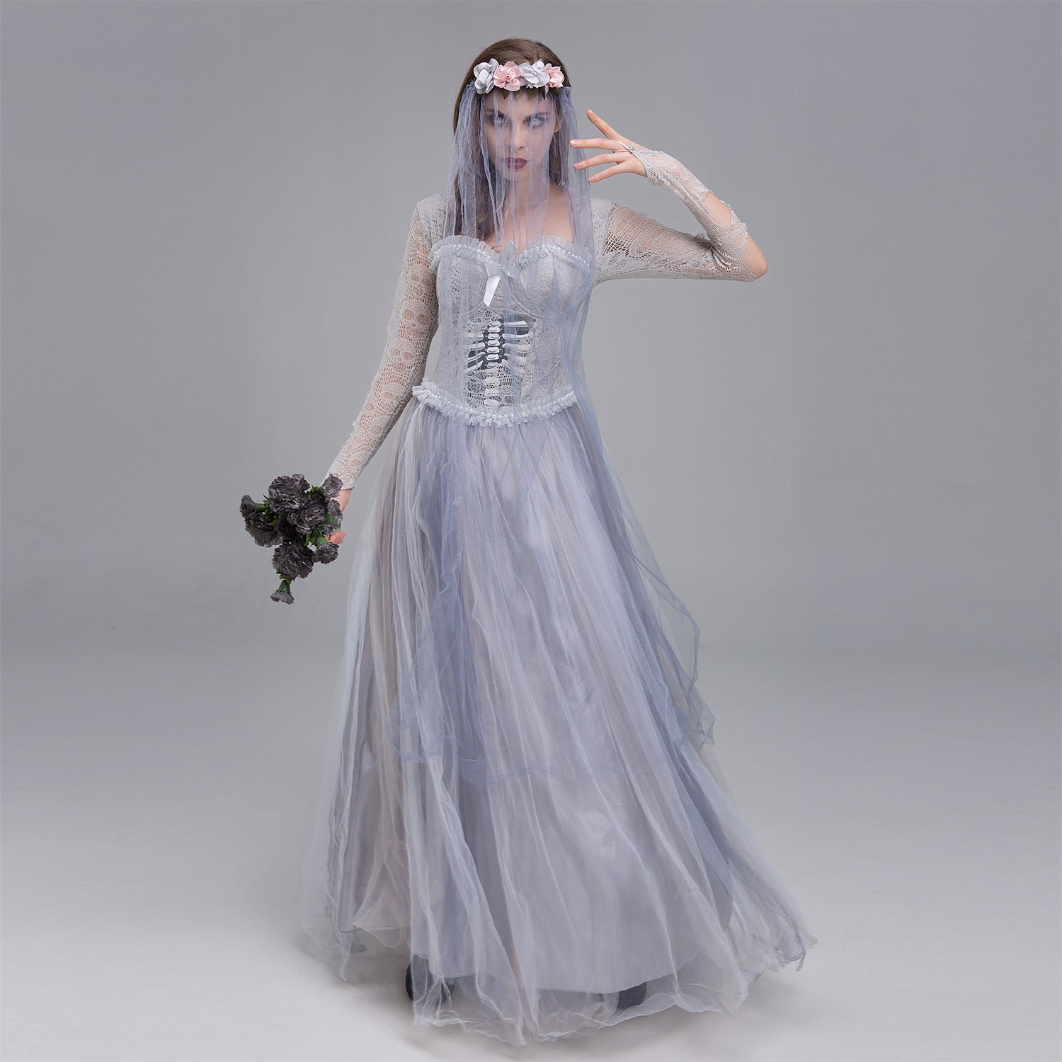 Halloween Costume Ghost Bride Dress Skull Horror Queen Costume Gray Ghost Woman Dress