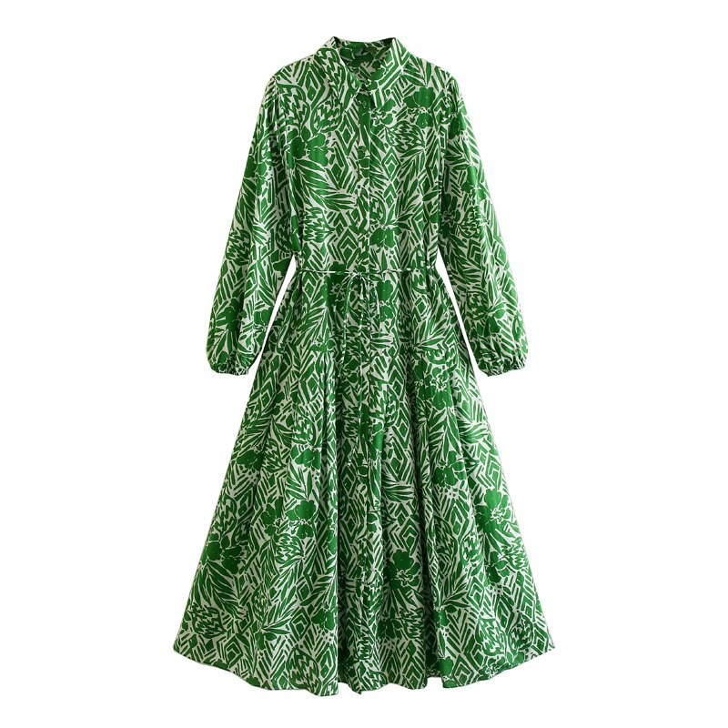 Women's Fashion Print Long Dress Woman Vintage Lapel Long Sleeve Lace Up Front Button Female Chic Dresses