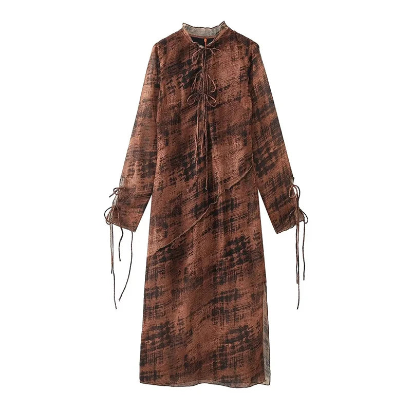 Vintange Print Boho Long Dresses for Women Translucent Sexy Midi Dress Woman Long Sleeve Casual Female Party Dress