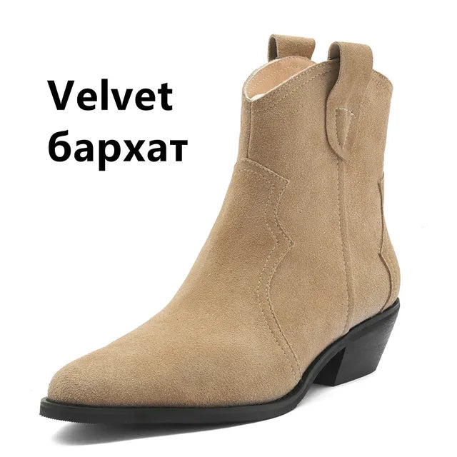 Vintage Thick Heels Women Ankle Boots Cow Suede Leather Retro Style Casual Office Lady Shoes Woman Autumn Winter Basic