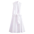 Women New Fashion Lapel Single-Breasted Sleeveless Dress Mid Length Dress Woman Chic Lace Up Folds Decorate Slim Dress