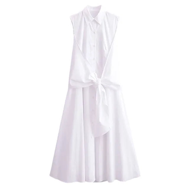 Women New Fashion Lapel Single-Breasted Sleeveless Dress Mid Length Dress Woman Chic Lace Up Folds Decorate Slim Dress