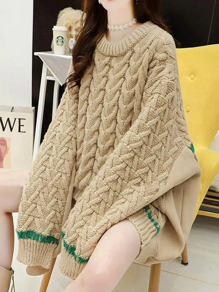 Autumn Winter All Match Woman Sweater Fashion Patchwork Knit Pullover Sweater New Loose Knitwear Tops Female