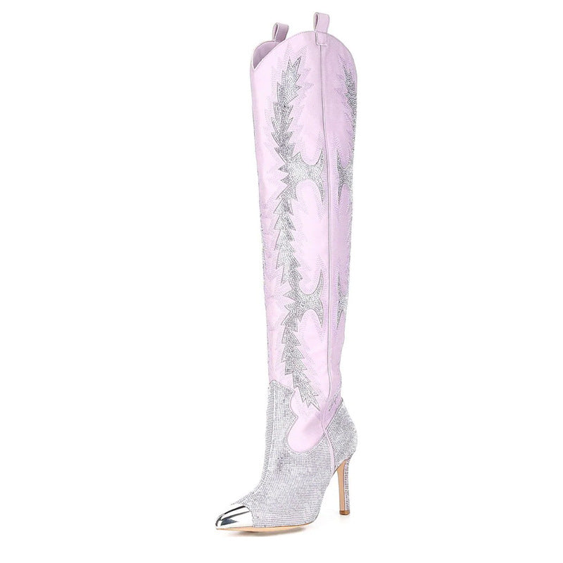 New Crystal Shoes Woman Pointed Toe Over Knee High Boots Sexy Rhinestone Thin High Heel Boots Ladies Shoes