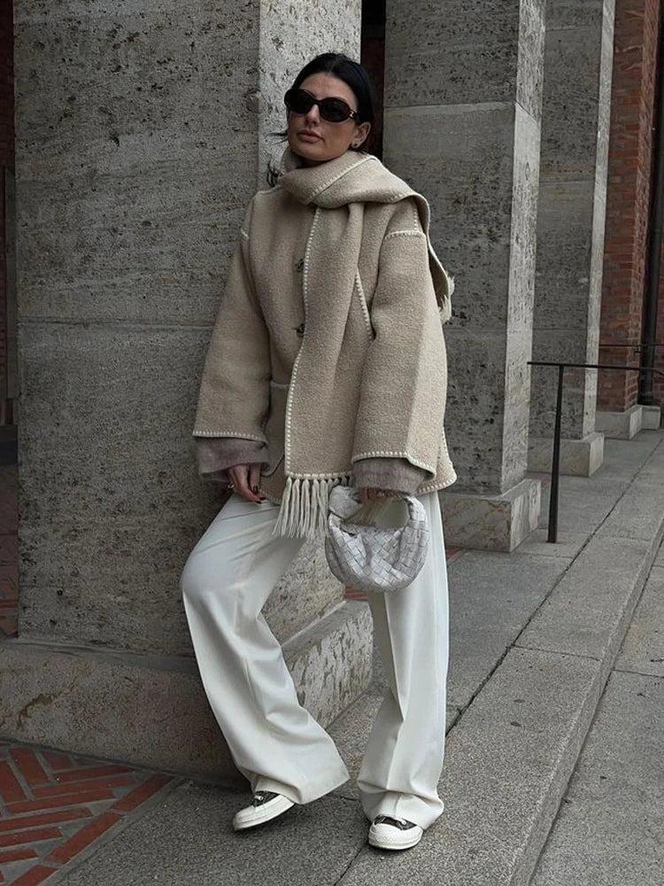 Tassel Scarf Collar Jacket For Woman Autumn Woolen Embroidery Single Breasted Pocket Coats Loose Casual Fashion Lady Office Coat
