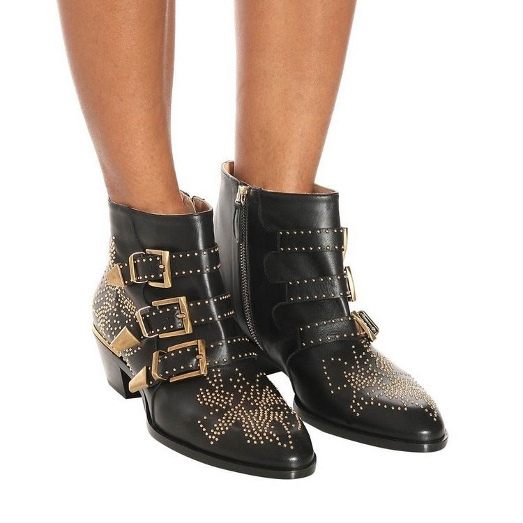 Studded Snake Skin Ankle Boots For Woman Buckle Strap Genuine Leather Chunky Heel Martin Boots Women Luxury