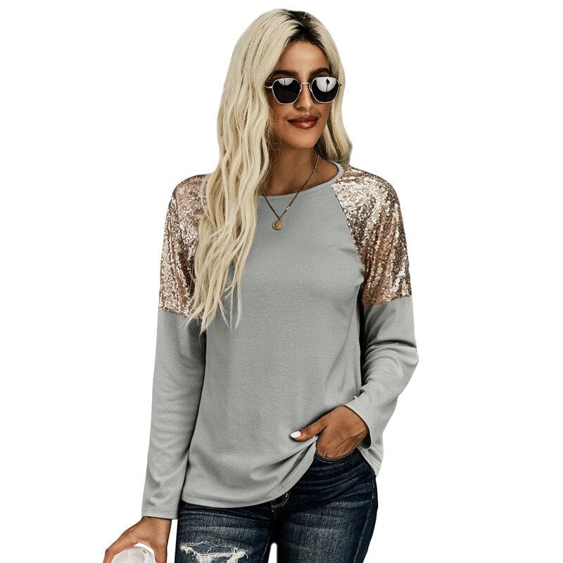 New Autumn Winter Hoods  Solid Sequin Stitching Round Neck Long Sleeve Casual Slim Woman Sweatshirts