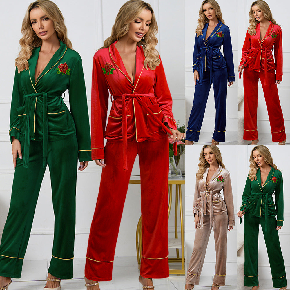 Korean Velvet Rose Embroidered Gold Pocket Home Suit Blouse Trousers Pajamas Woman