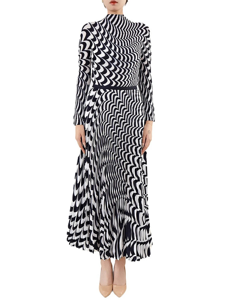 Fashion Print Woman Two Piece Set Pleated Long Sleeve Loose O-neck Office Lady Vintage Style