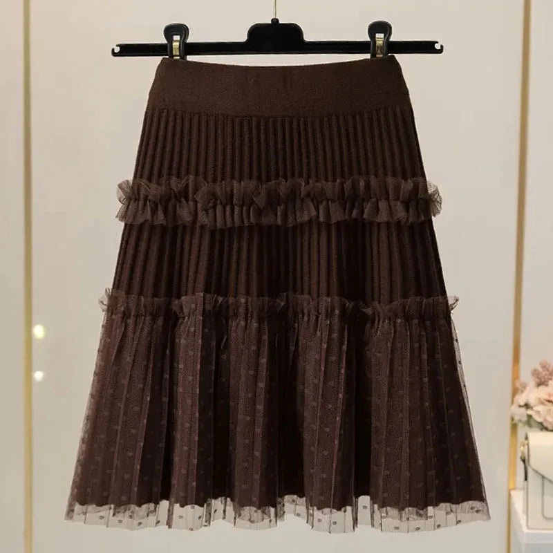 Women Tulle Patchwork Puffy Skirt Korean Style High Waist Knitted Dot Pleated Skirt Woman Spring Simple All-Match Short Skirts