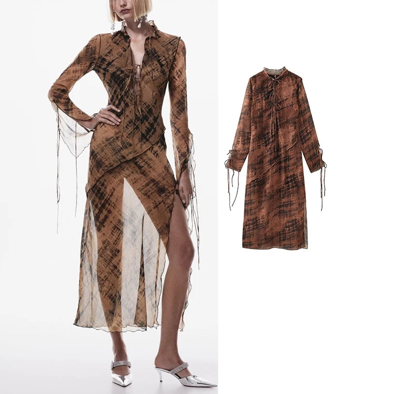 Vintange Print Boho Long Dresses for Women Translucent Sexy Midi Dress Woman Long Sleeve Casual Female Party Dress