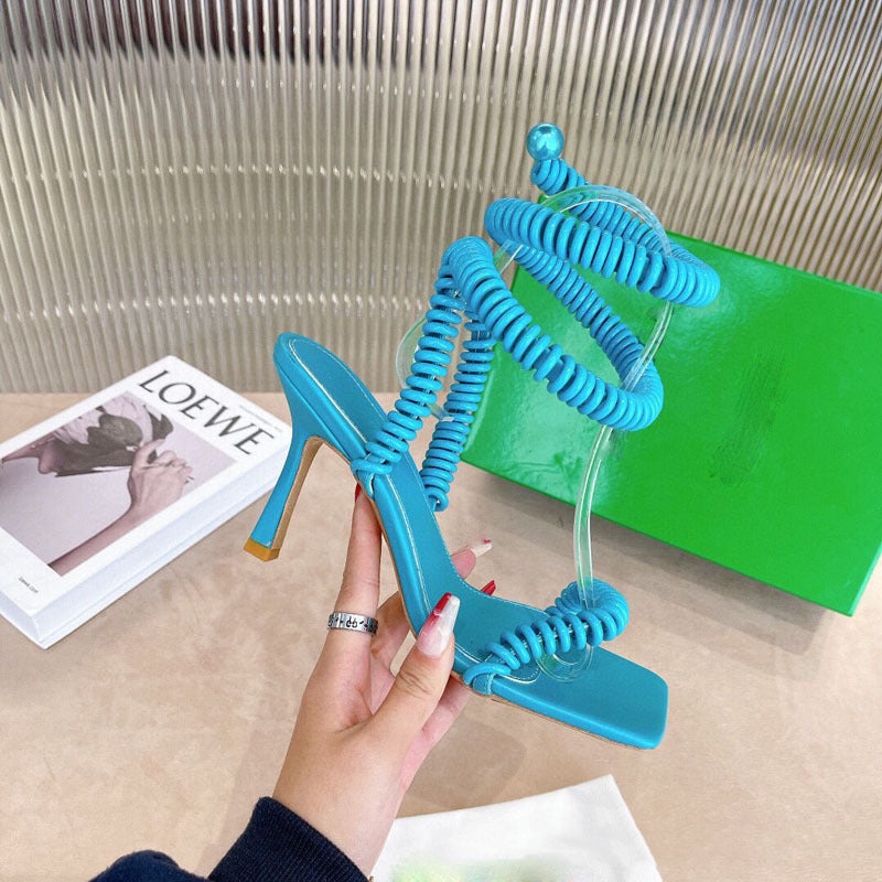Green Phone cord Design High Heel Sandals Woman Square Open toe Stretch Ankle Winding Sexy paryt Shoes
