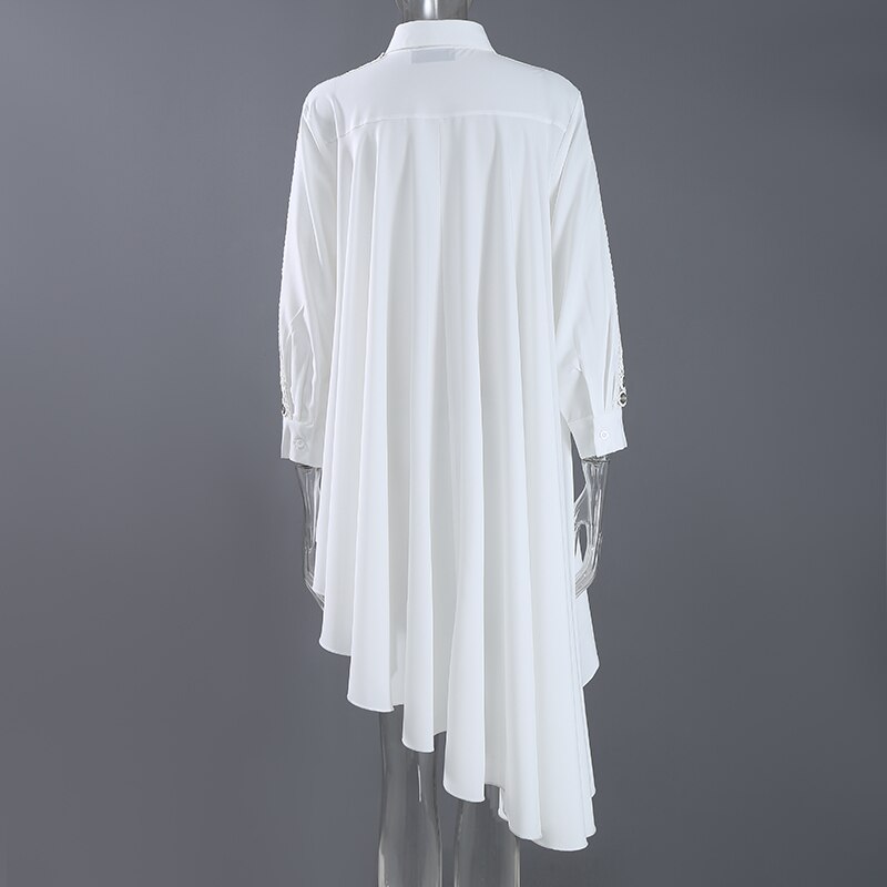 Woman Streetwear Solid Black White Blouse Sloping Hem Long Sleeve & Metal Holes Ladies Unique Style chemise