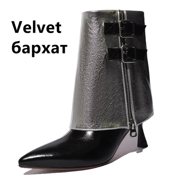 Women Short Boots Autumn Winter Fashion Mixed Colors Thin High Heels Party Office Lady Genuine Leather Shoes Woman