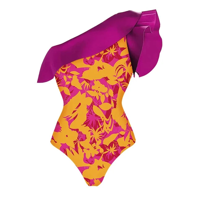 Women's swimsuit One Shoulder Ruffle Printed One Piece Swimsuit and Sarong  Beachwear Summer beach woman Swimwear