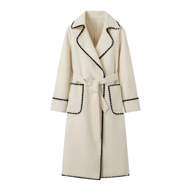 Woman Fashion Woolen Coat Casual Slim Turn Down Collar With Belt Double Pockets Trench