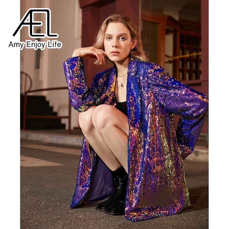 AEL Blue Glitter Gradient Blazer Woman Jacket Coat Fashion Loose Casual Spring Ladies Streetwear New