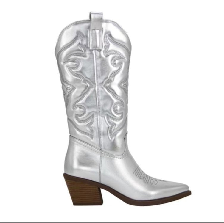 Metallic Cowboy boots woman Western Boots For Zip Embroidered Pointed Toe Heeled