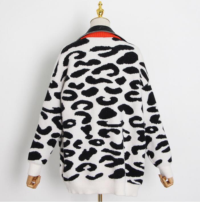 Autumn and Winter Spell PU Leather Lapel Leopard Print Sweater Coat Female Loose Zipper Woman Sweaters
