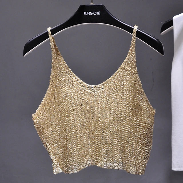 Sparkling Sequins Half Waist Render Knitwear Hollow-out Is Sexy Waist Condole Top Cropped  Sexy Streetwear   Woman Tops Summer