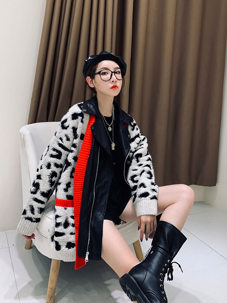 Autumn and Winter Spell PU Leather Lapel Leopard Print Sweater Coat Female Loose Zipper Woman Sweaters