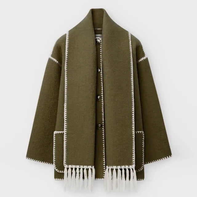 Tassel Scarf Collar Jacket For Woman Autumn Woolen Embroidery Single Breasted Pocket Coats Loose Casual Fashion Lady Office Coat