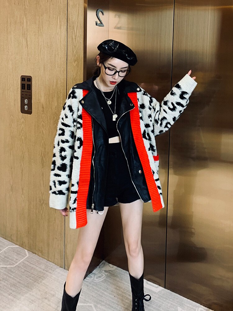 Autumn and Winter Spell PU Leather Lapel Leopard Print Sweater Coat Female Loose Zipper Woman Sweaters