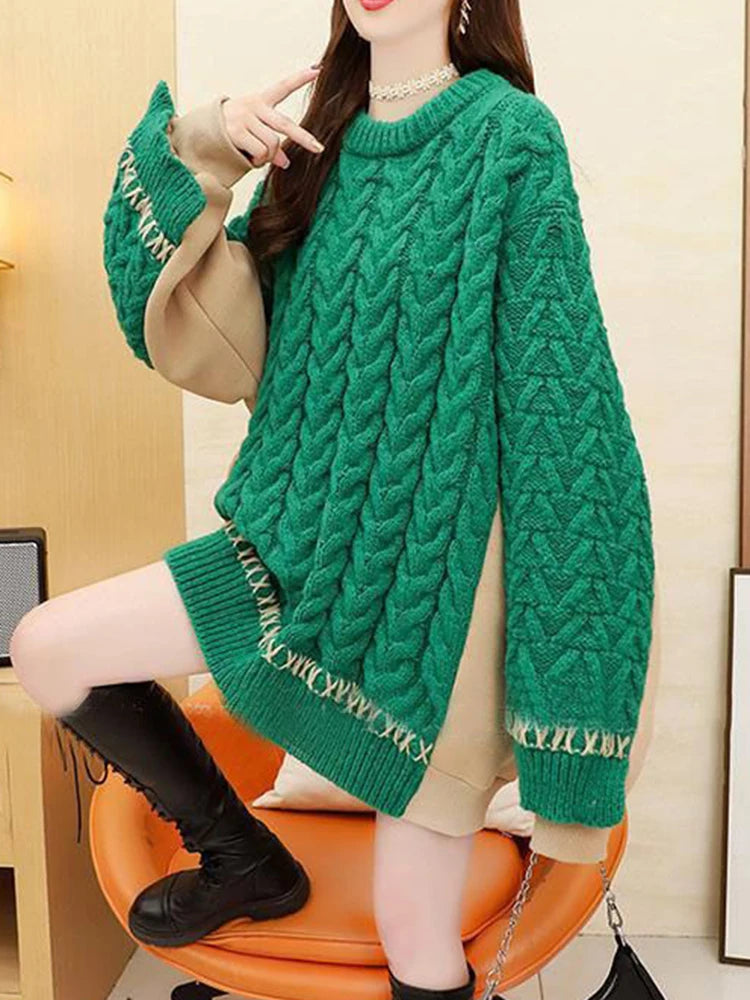 Autumn Winter All Match Woman Sweater Fashion Patchwork Knit Pullover Sweater New Loose Knitwear Tops Female