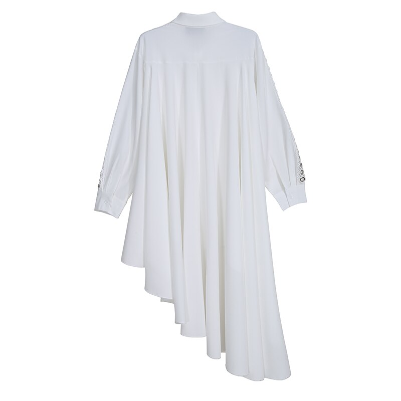 Woman Streetwear Solid Black White Blouse Sloping Hem Long Sleeve & Metal Holes Ladies Unique Style chemise