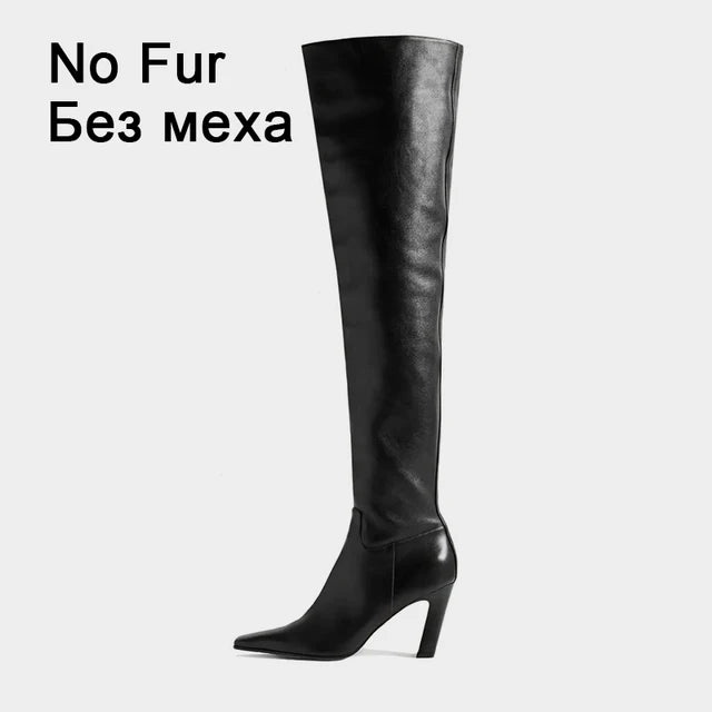 Size 34-43 Autumn Winter Women Over Knee-High Boots Pointed Toe Real Leather Heels Office Lady Shoes Woman Boots