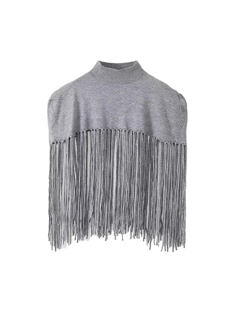 TRAF 2023 Knitted Tassels Poncho Coat Women Fashion Hollow Out Cropped Cape Coats Top Woman Autumn Jackets Casual Top
