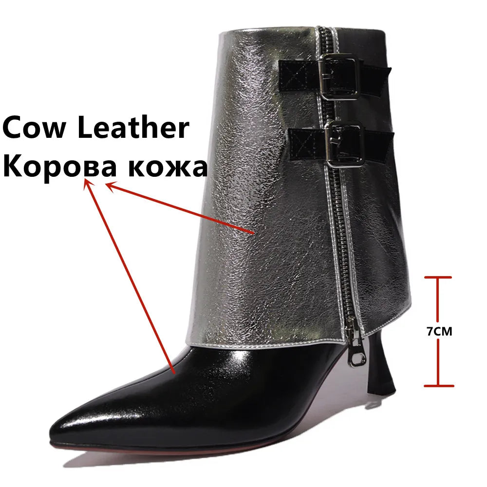 Women Short Boots Autumn Winter Fashion Mixed Colors Thin High Heels Party Office Lady Genuine Leather Shoes Woman