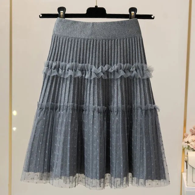 Women Tulle Patchwork Puffy Skirt Korean Style High Waist Knitted Dot Pleated Skirt Woman Spring Simple All-Match Short Skirts