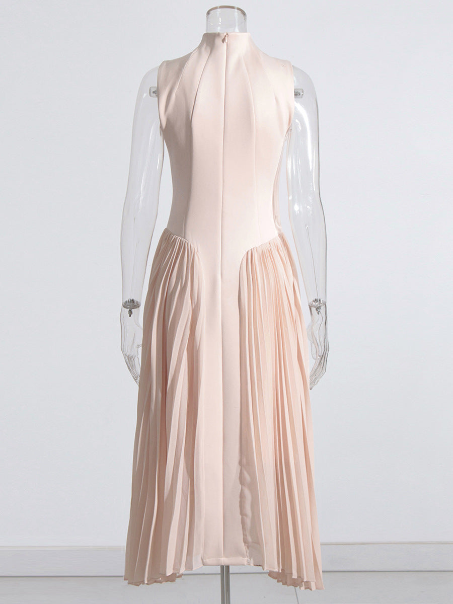 Designer Runway Fashion long dress for woman Sleeveless Vintage High quality knitting Splicing pleated elegant maxi dress