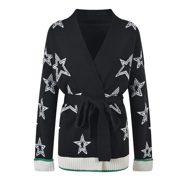 Luxury Star Printed Long Cardigans for Woman Autumn Oversized Black Knitted Sweater Mujer Korean Fashion