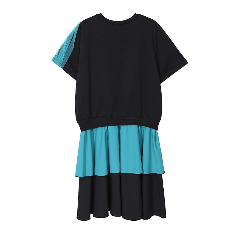 Woman Black Patchwork Dress O Neck Blue Ruffles Midi Ladies Cute Wear Casual Robe Femme Holida