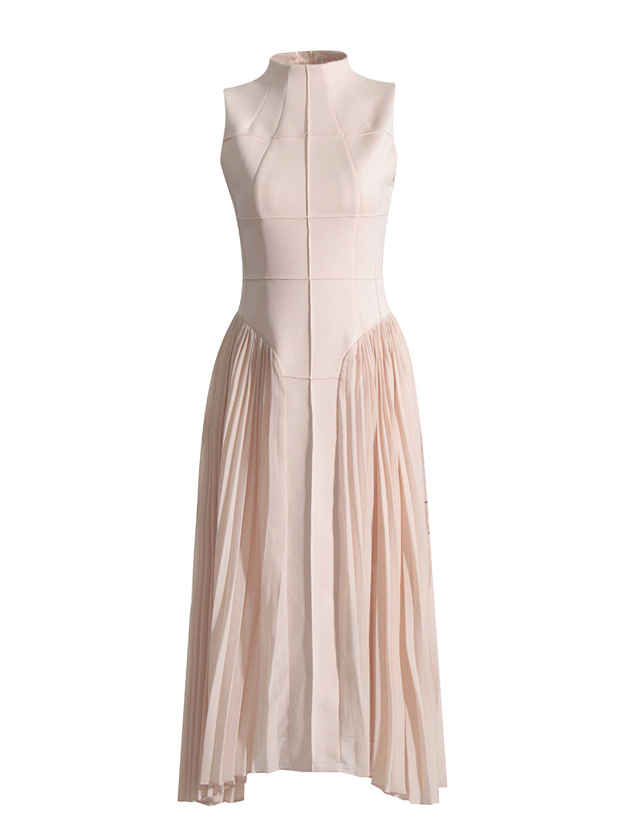 Designer Runway Fashion long dress for woman Sleeveless Vintage High quality knitting Splicing pleated elegant maxi dress
