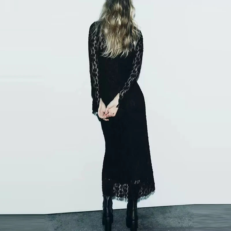 Lace Sexy Body Dress Woman  Autumn Mesh Long Dresses for Women See Through Long Sleeve  Midi Sexy Dresses Party Dress