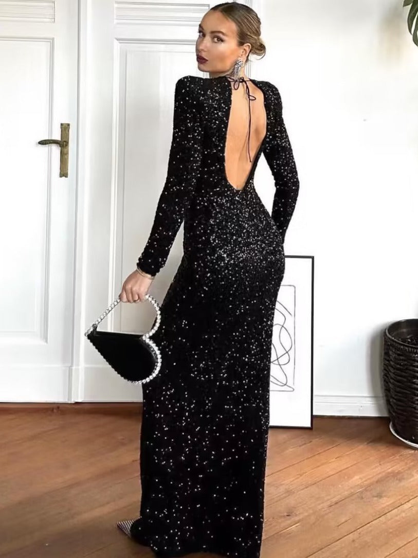Woman With Shoulder Pads and Beaded Embellishments Dress Casual Slim O Neck Midi Long Dresses