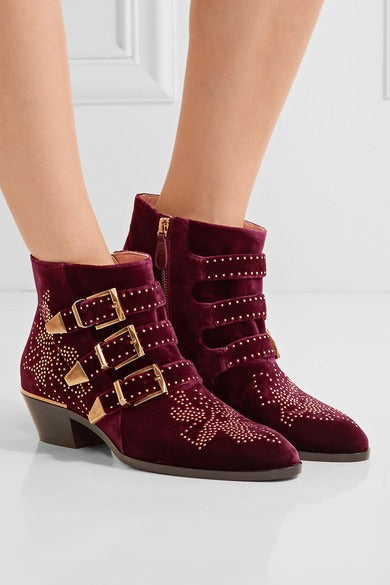 Studded Snake Skin Ankle Boots For Woman Buckle Strap Genuine Leather Chunky Heel Martin Boots Women Luxury