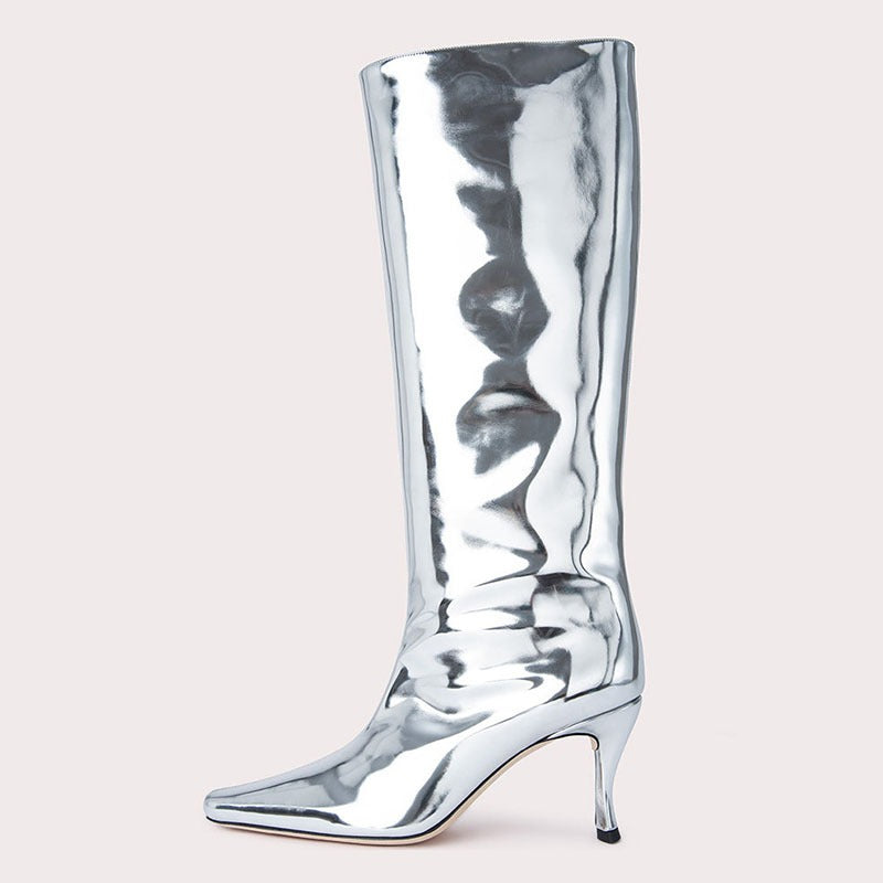 pop design autumn winter motorcycle boots shoes women print leather knee high boots sexy high heels platform riding boots woman