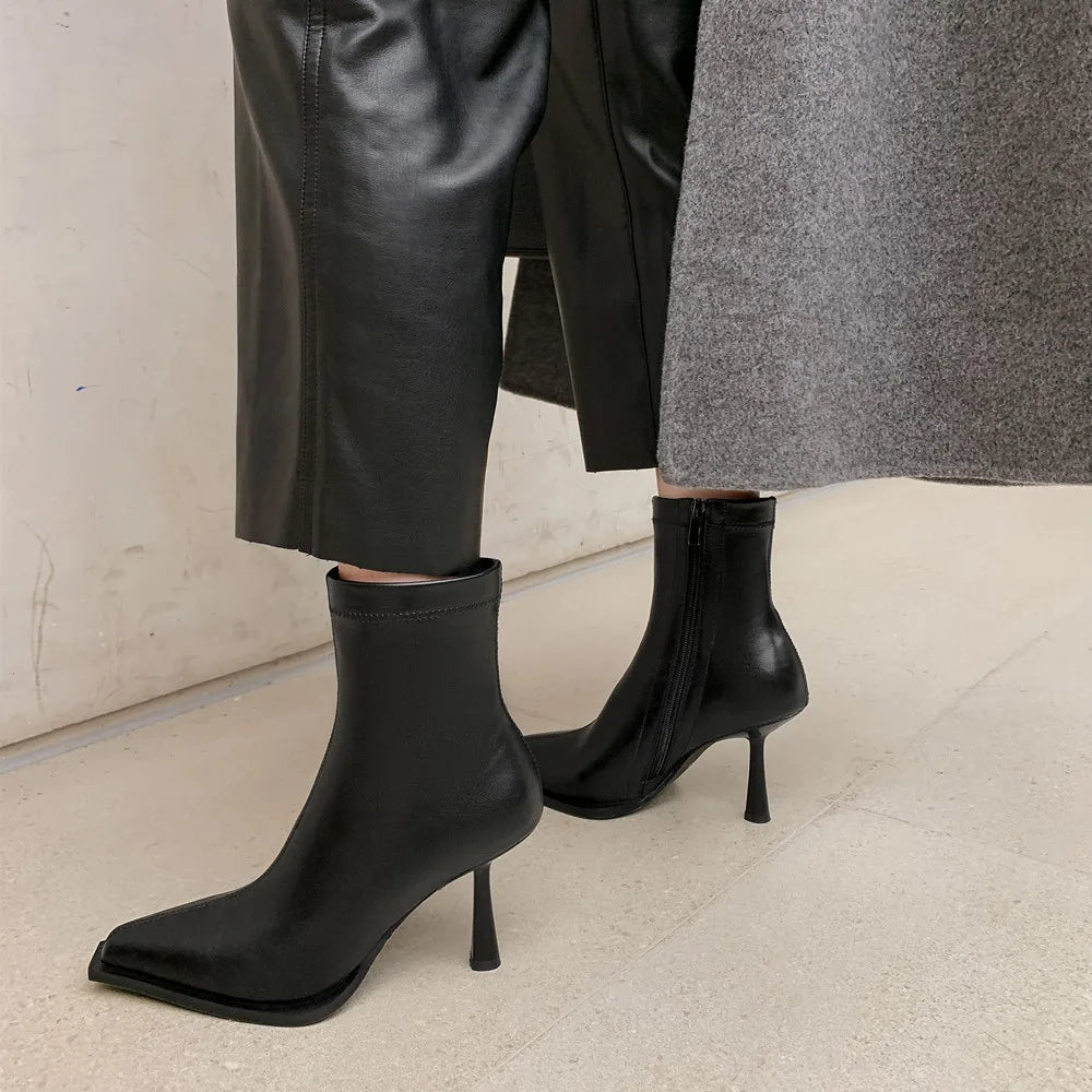 Autumn Winter Women Ankle Boots Elegant Thin High Heels Sexy Party Office Ladies Genuine Leather Shoes Woman New
