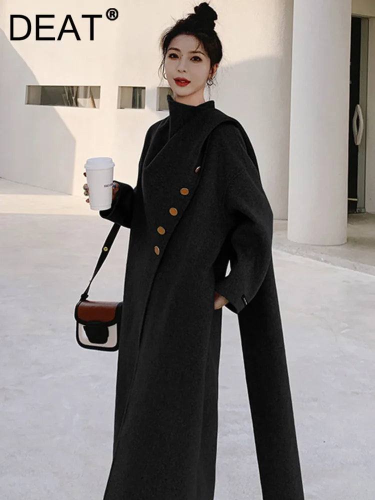 Scarf Collar Woman Cashmere Coat Thick Cardigan Single Breasted Full Sleeve Solid Color Vintage Style New