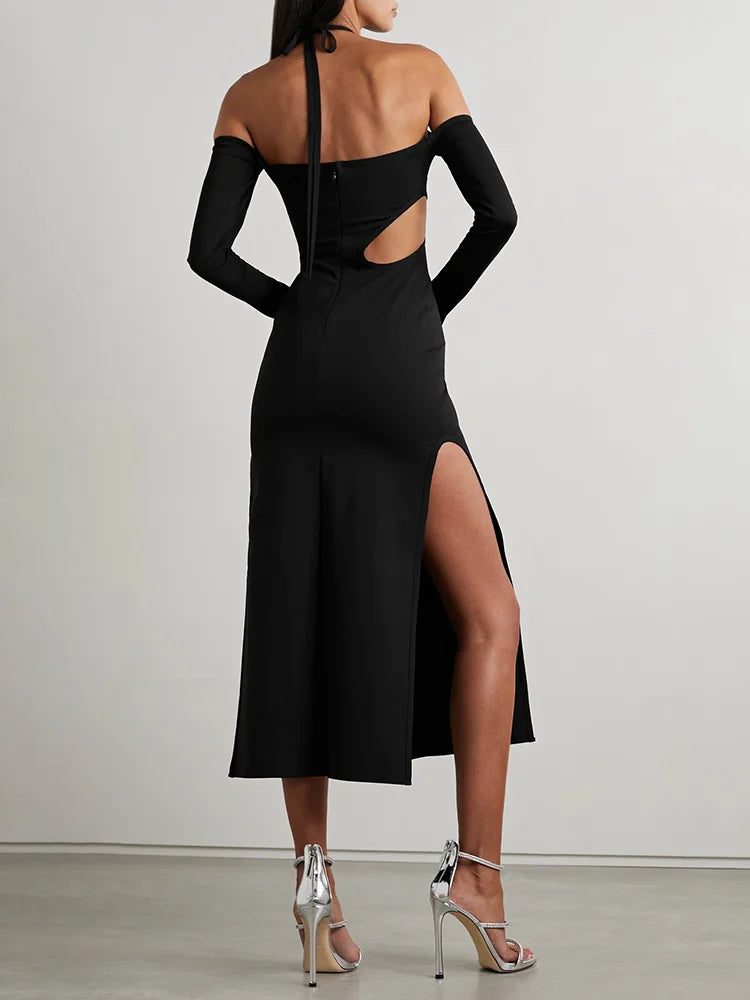 Black Midi Dress Woman Sexy Hollow Out Design Long Sleeve Stretch Bandage Dresses Fashion Casual Wear  Autumn Winter New