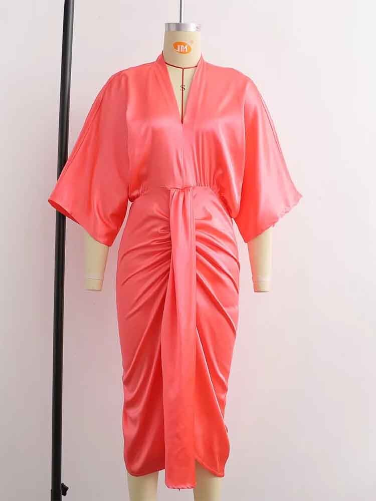 Women Summer Dress Fashion Satin Midi Dress Woman Bat Sleeve Ruched Female Party Dresses Vestidos Mujer